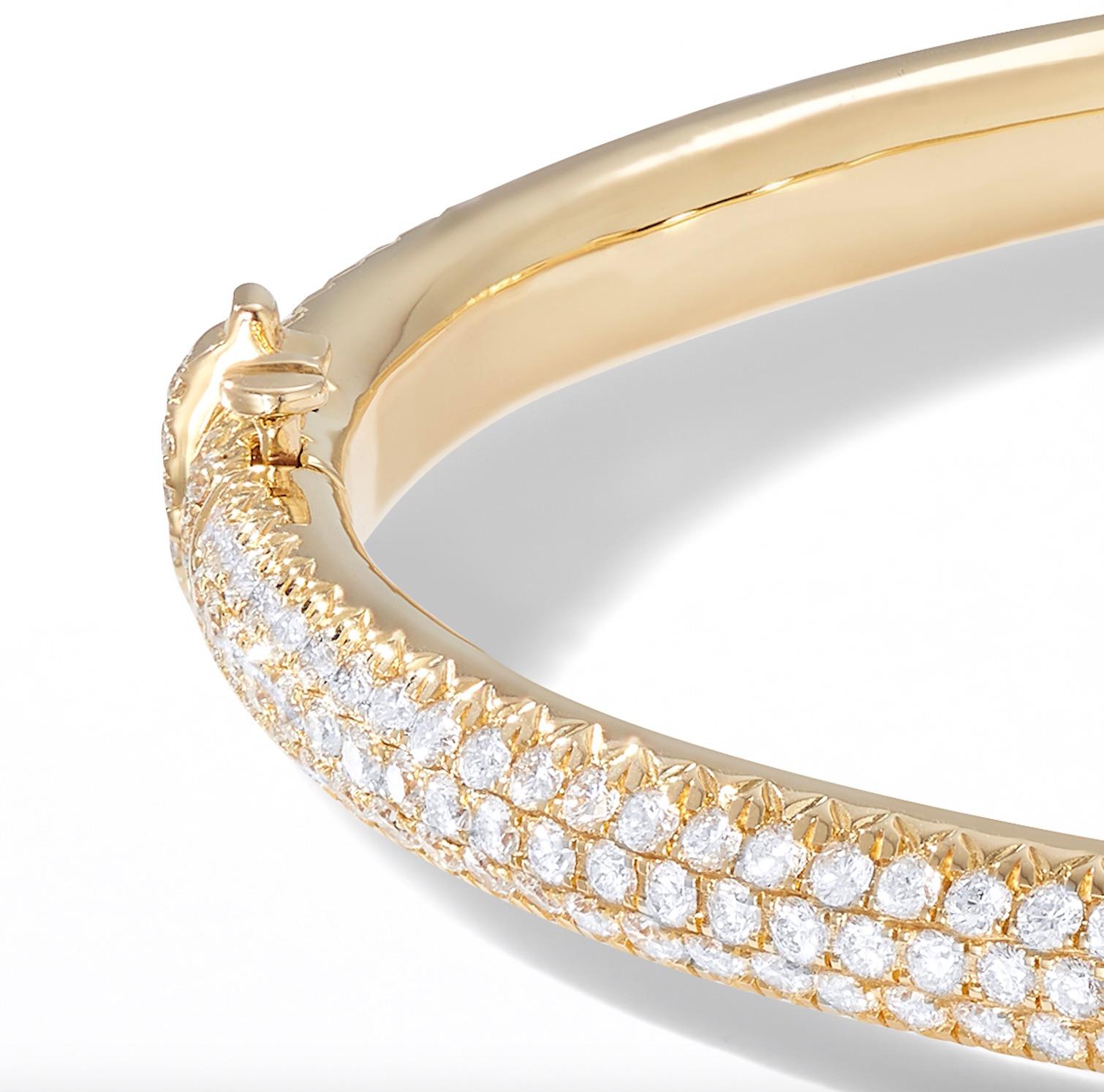 Round Cut 64 Facets 8.25 Carat Three Gold Pave Diamond Bangle Set, Diamond Bracelet Set For Sale