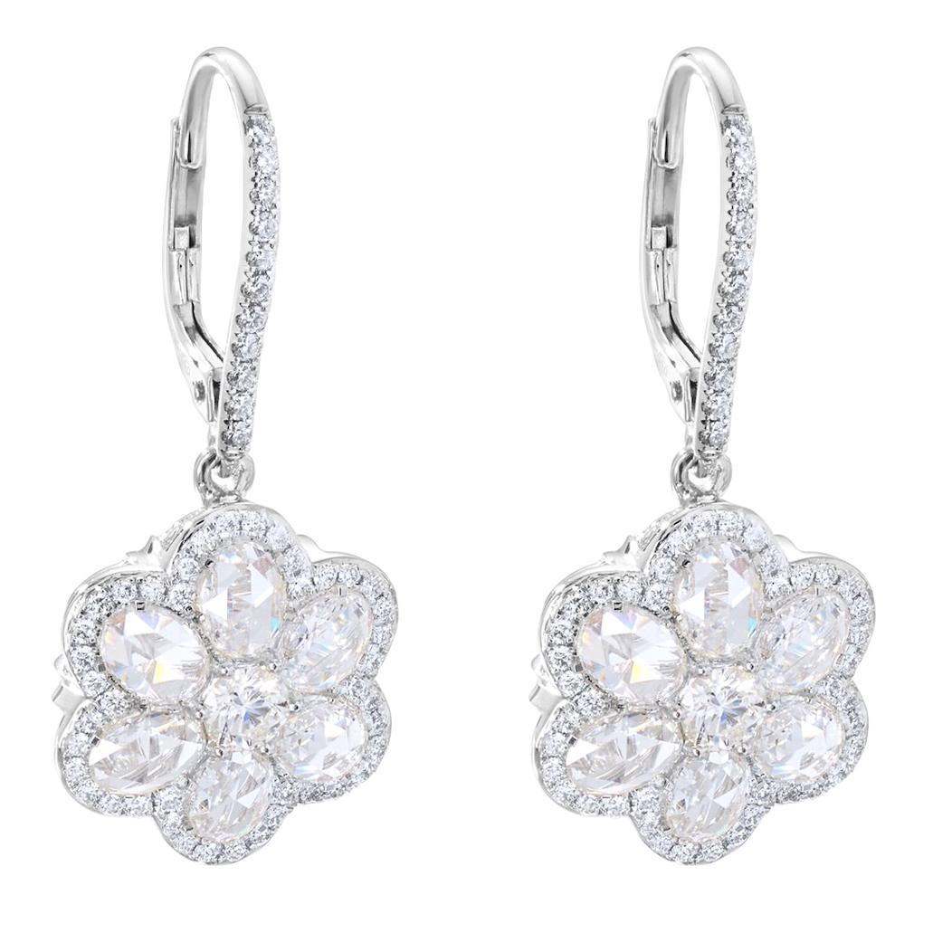 64 Facets Diamond Floral Drop Earrings 1 Carat Rose Cut Diamonds in White Gold For Sale