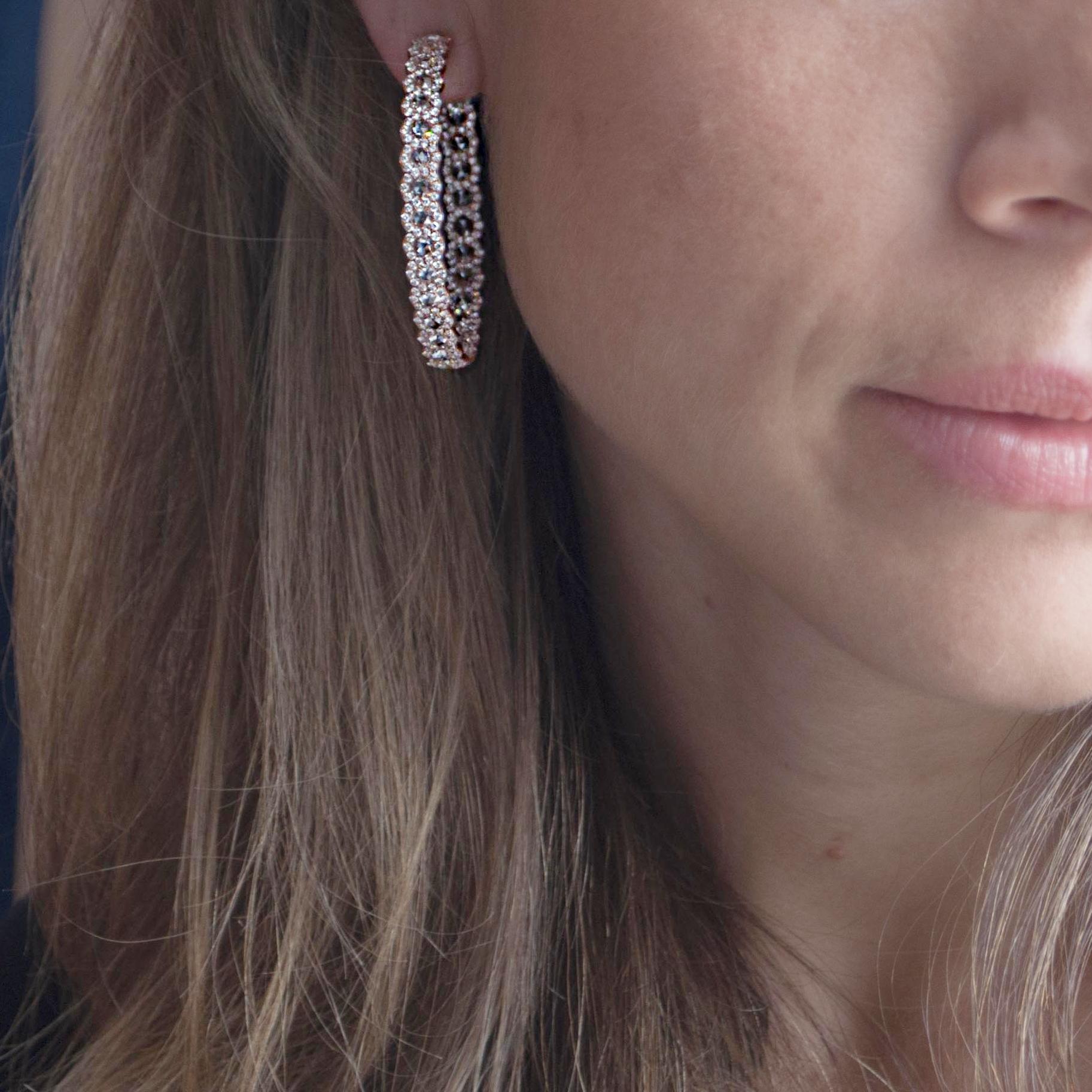 64 Facets Diamond Hoop Earrings, 7.50 Carat Rose Cut Diamonds in Rose Gold For Sale 8