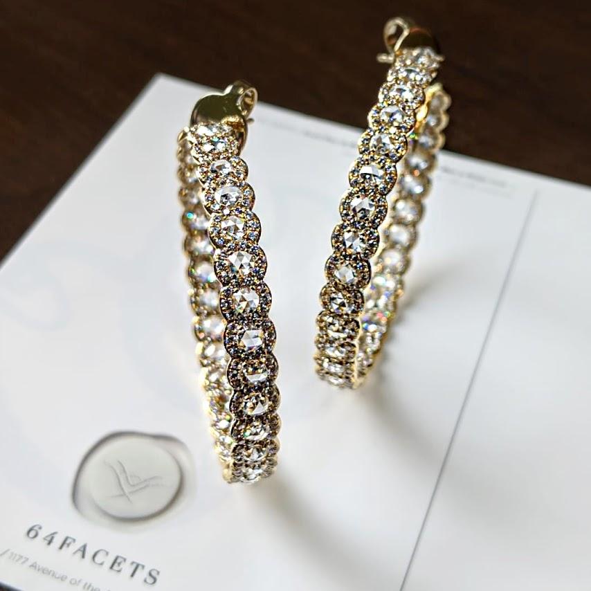 64 Facets Diamond Hoop Earrings, 7.50 Carat Rose Cut Diamonds in Rose Gold For Sale 13