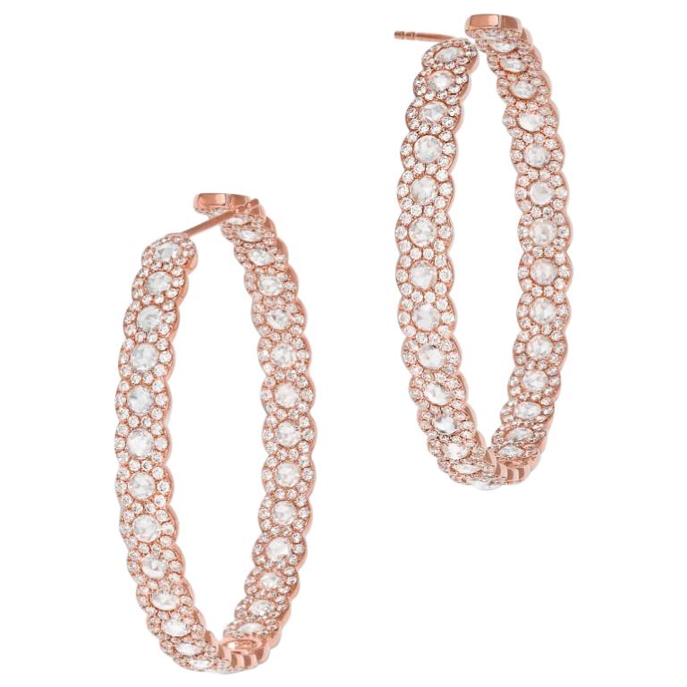 64 Facets Diamond Hoop Earrings, 7.50 Carat Rose Cut Diamonds in Rose Gold For Sale