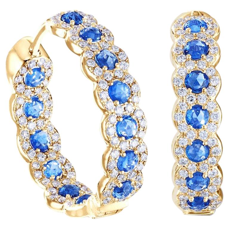 64 Facets Elements 2.30 Carat Sapphire and Diamond Hoop Earrings in Yellow Gold For Sale