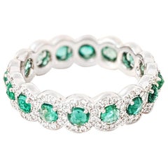 64 Facets Rose Cut Emerald and Diamond Ring in 18 Karat White Gold