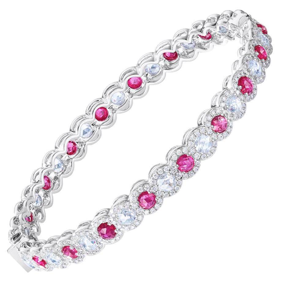 64 Facets Rose Cut Ruby and Diamond Bangle Bracelet in 18 Karat White Gold For Sale