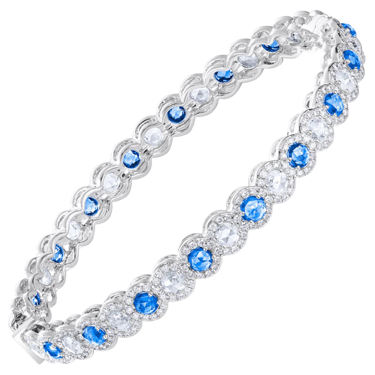 64 Facets Rose Cut Sapphire and Diamond Bangle Bracelet in 18 Karat White Gold For Sale