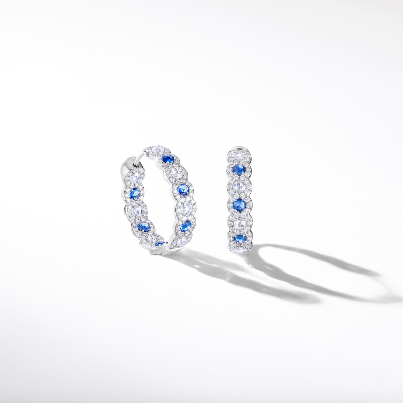 64 Facets Rose Cut Sapphire and Diamond Hoop Earrings in 18 Karat White Gold For Sale 5