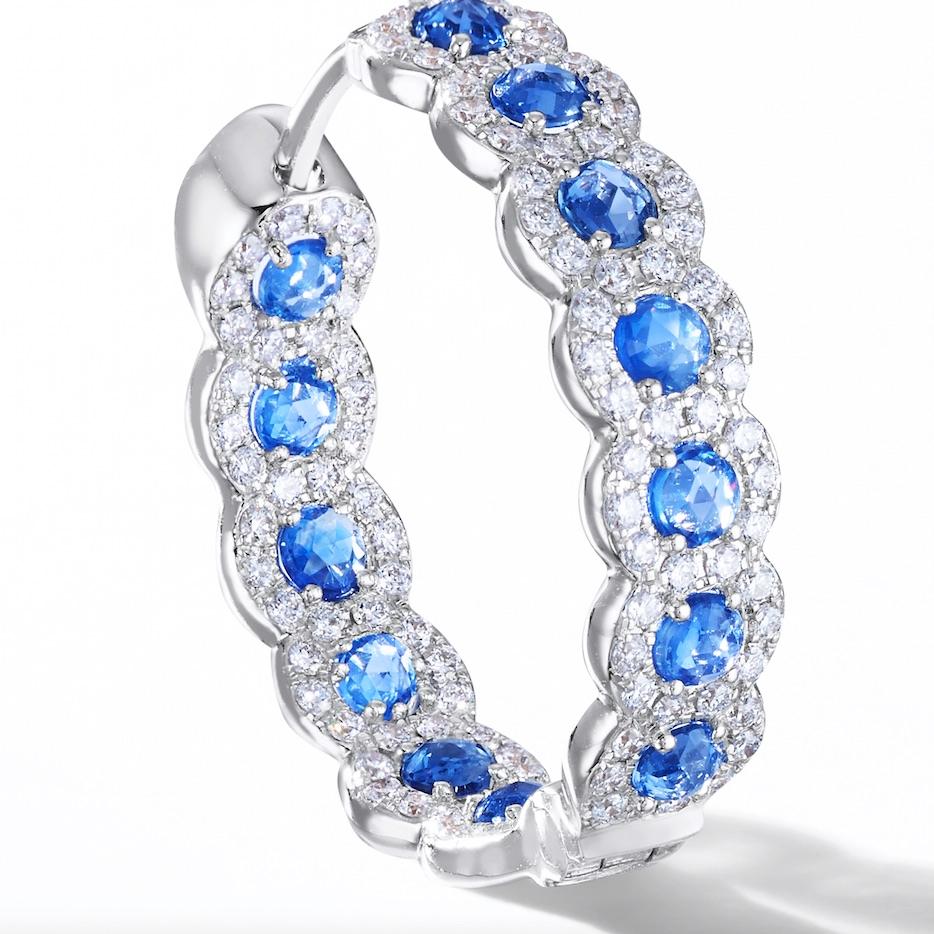 Contemporary 64 Facets Rose Cut Sapphire and Diamond Hoop Earrings in 18 Karat White Gold For Sale