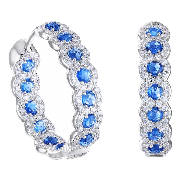 64 Facets Rose Cut Sapphire and Diamond Hoop Earrings in 18 Karat White Gold For Sale