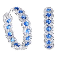 64 Facets Rose Cut Sapphire and Diamond Hoop Earrings in 18 Karat White Gold 64 Facets Rose Cut Sapphire and Diamond Hoop Earrings in 18 Karat White Gold
