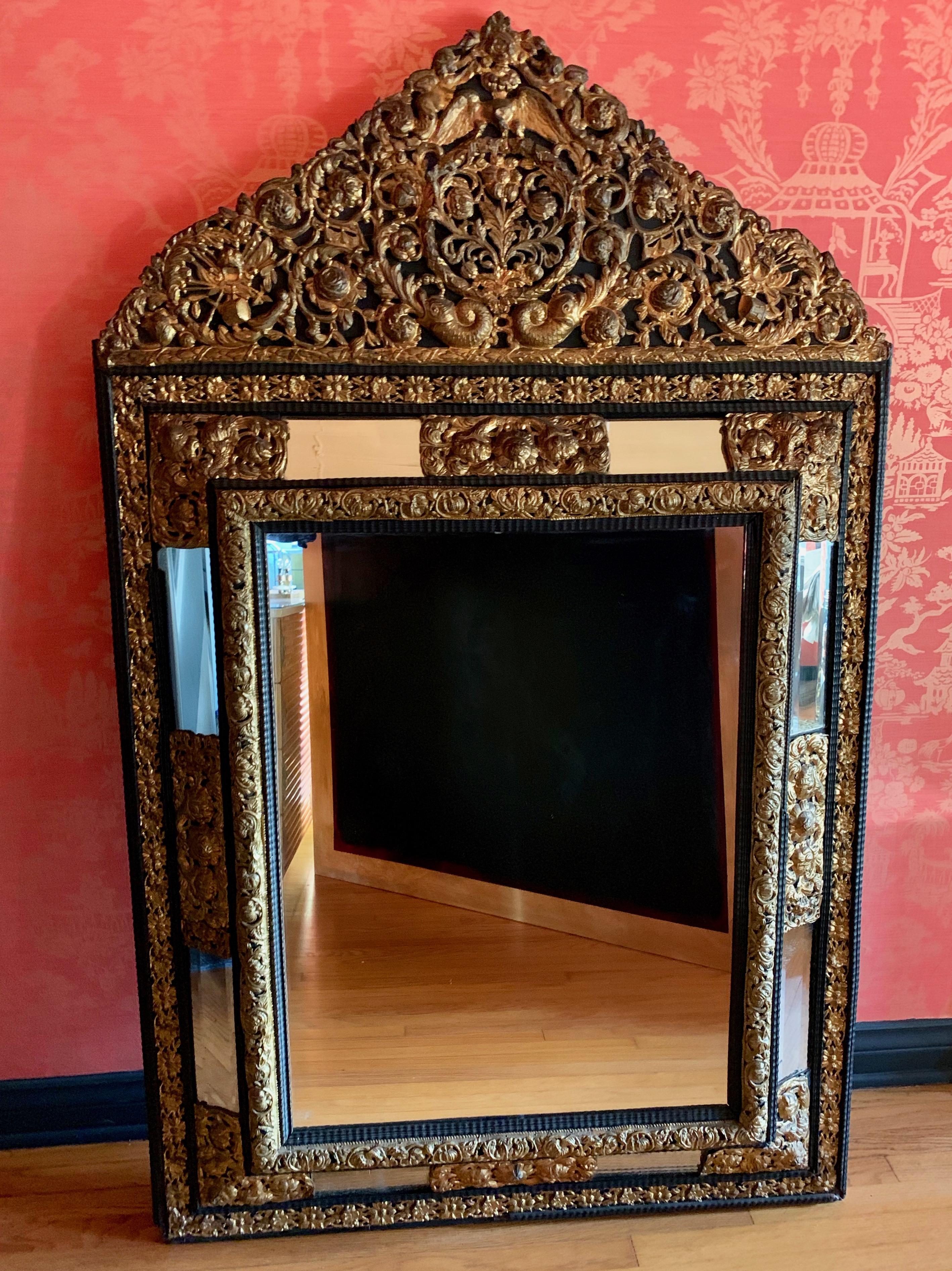 Repoussé French Ebony Repousse Brass Mirror with Beveled Glass