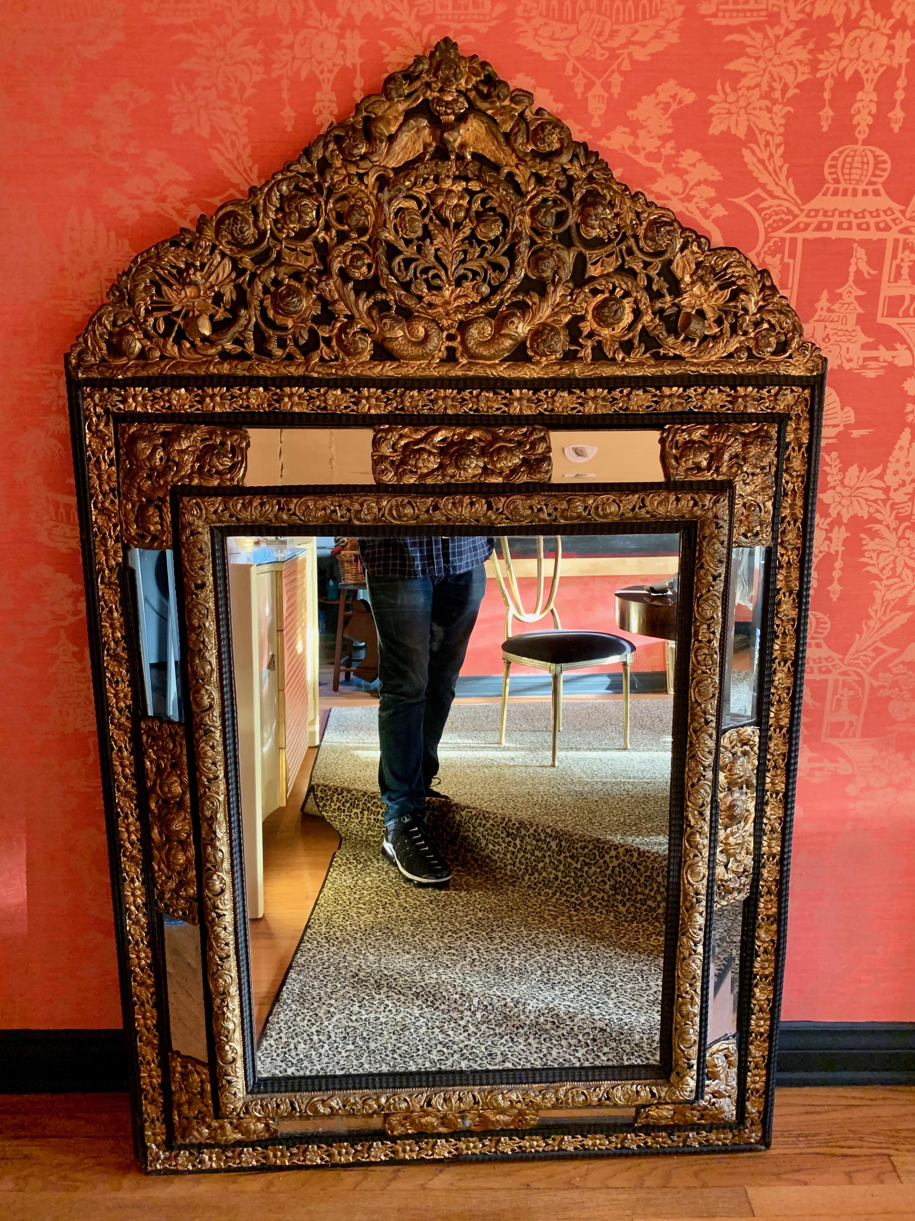 French Ebony Repousse Brass Mirror with Beveled Glass In Good Condition For Sale In Los Angeles, CA