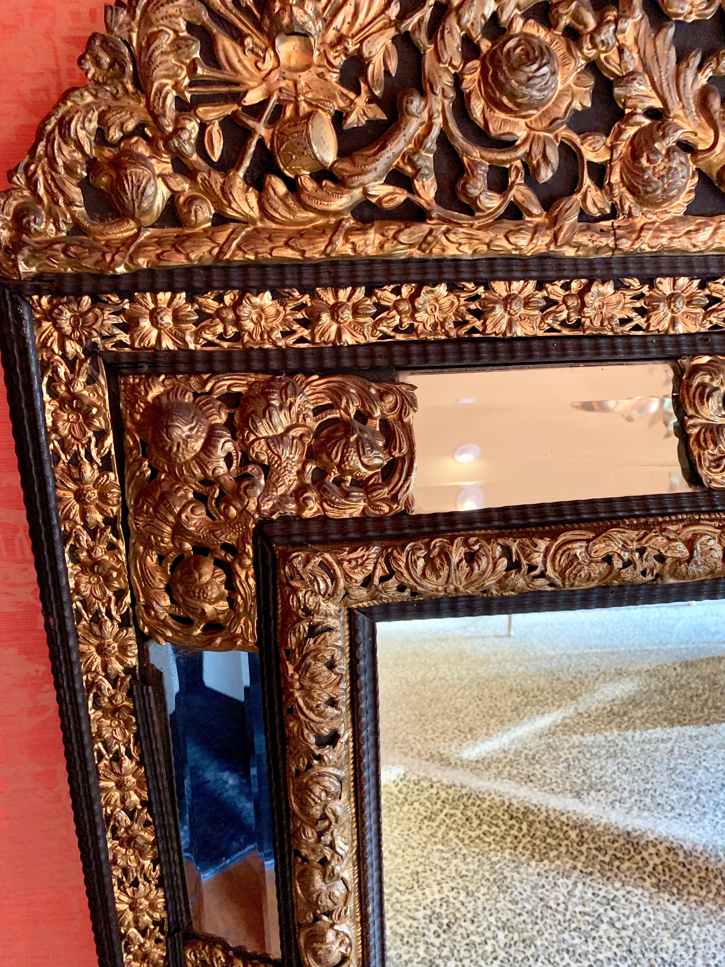 French Ebony Repousse Brass Mirror with Beveled Glass For Sale 3