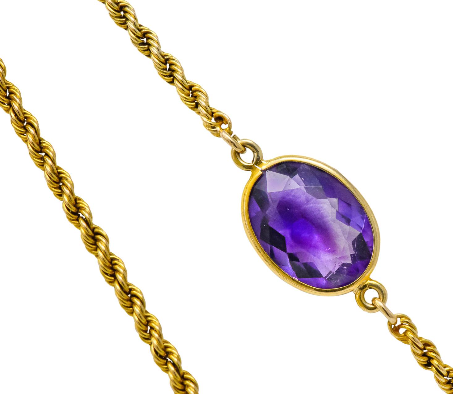 Victorian 50.00 Carat Amethyst 14 Karat Gold Long Chain Necklace In Excellent Condition In Philadelphia, PA