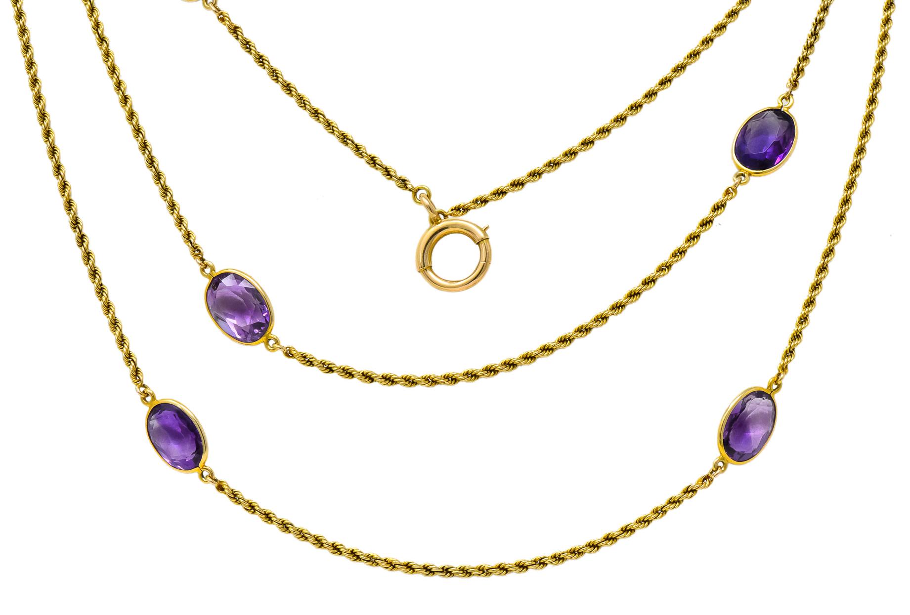 Victorian 50.00 Carat Amethyst 14 Karat Gold Long Chain Necklace 2