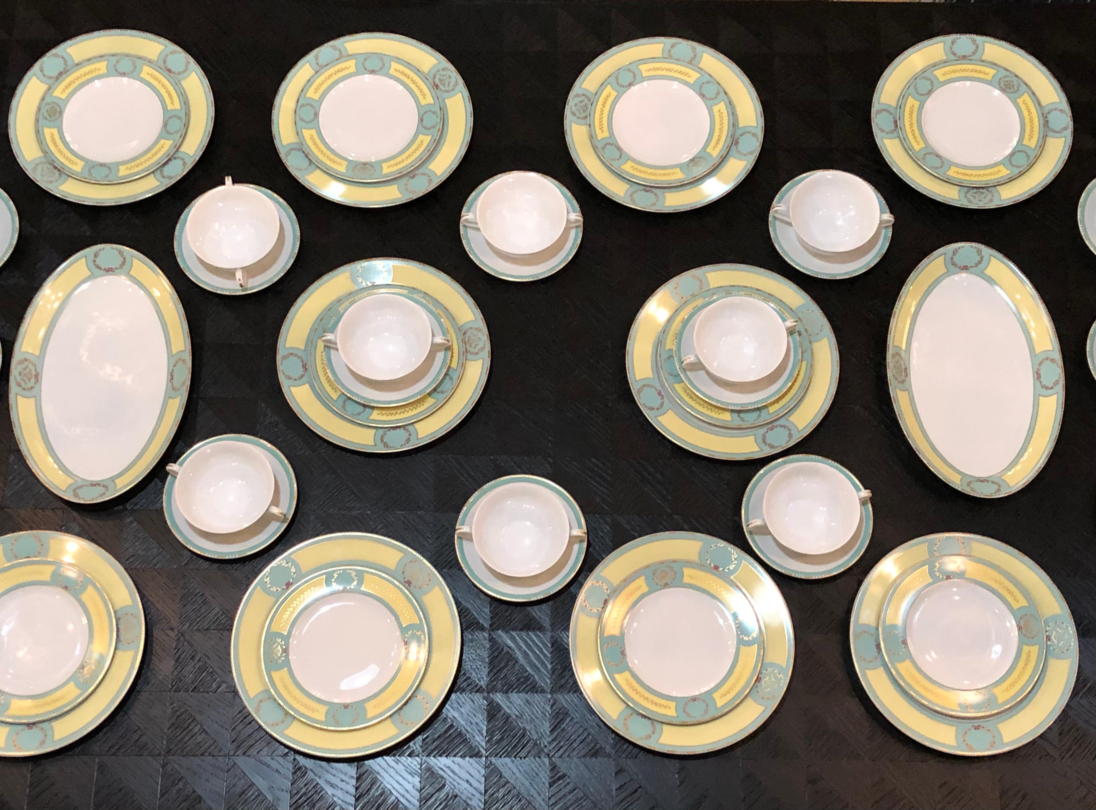 64 pieces Royal Limoges France Porcelain dinner set. A French France Limoges group or suite of porcelain plates from the Hotel Meurice Paris, Sixty-four pieces in all. This set has rarely ever been used. Purchased directly from the executive suite