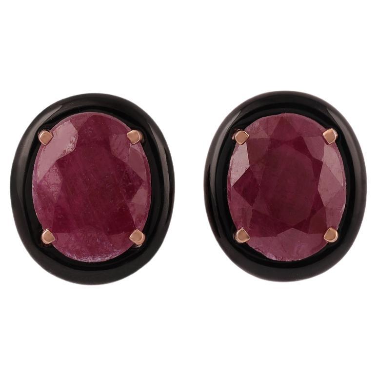 6.40 Carat Burma Natural Ruby & Black Onyx Earring Studs in 18k Solid Rose Gold