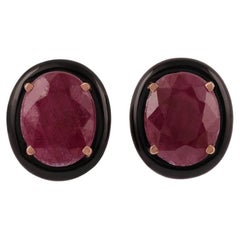 6.40 Carat Burma Natural Ruby & Black Onyx Earring Studs in 18k Solid Rose Gold
