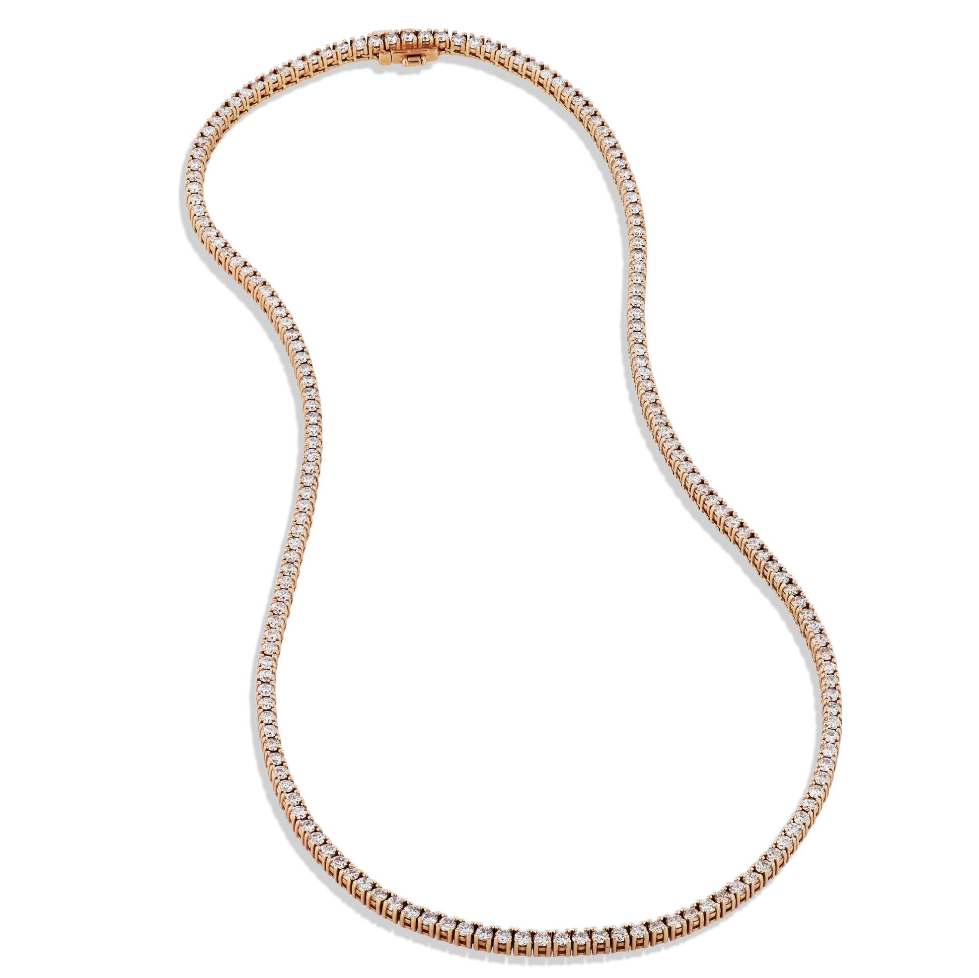 This breathtaking 18 karat Rose Gold Diamond Tennis Necklace is set with an array of 174 dazzling diamonds. Crafting a captivating aura, Diamonds drape gracefully over the 16