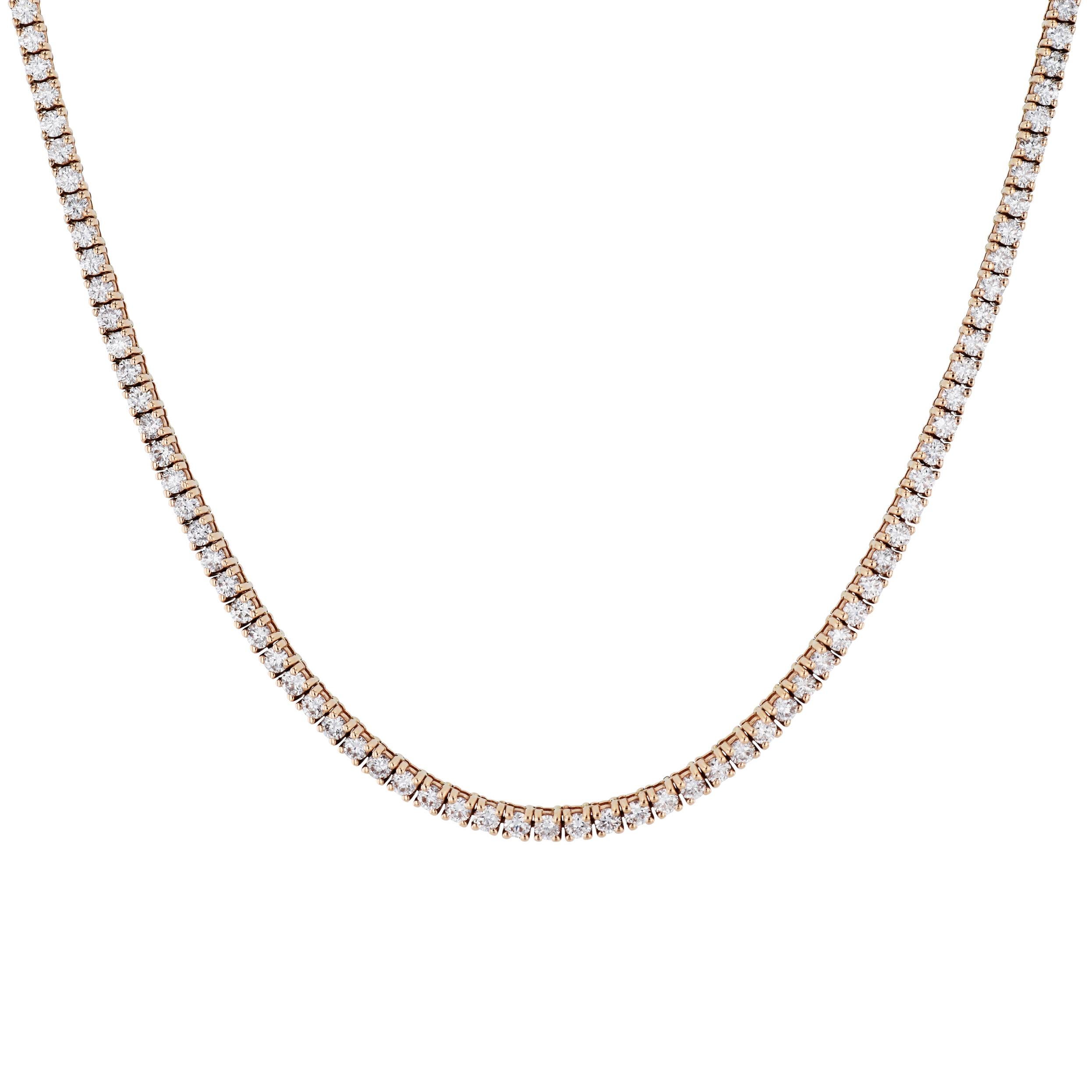 6,40 Karat handgefertigte Diamant-Tennis-Halskette aus 18 Karat Roségold  (Brillantschliff) im Angebot