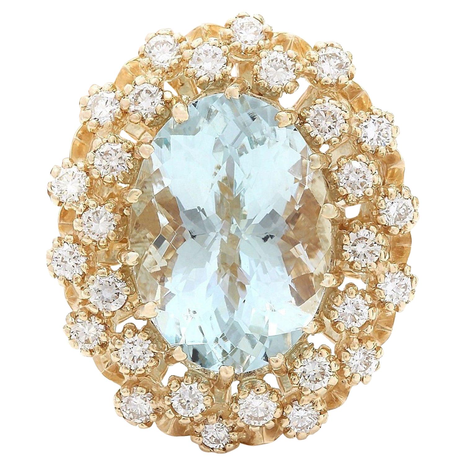 Aquamarine Diamond Ring In 14 Karat Solid Yellow Gold  For Sale