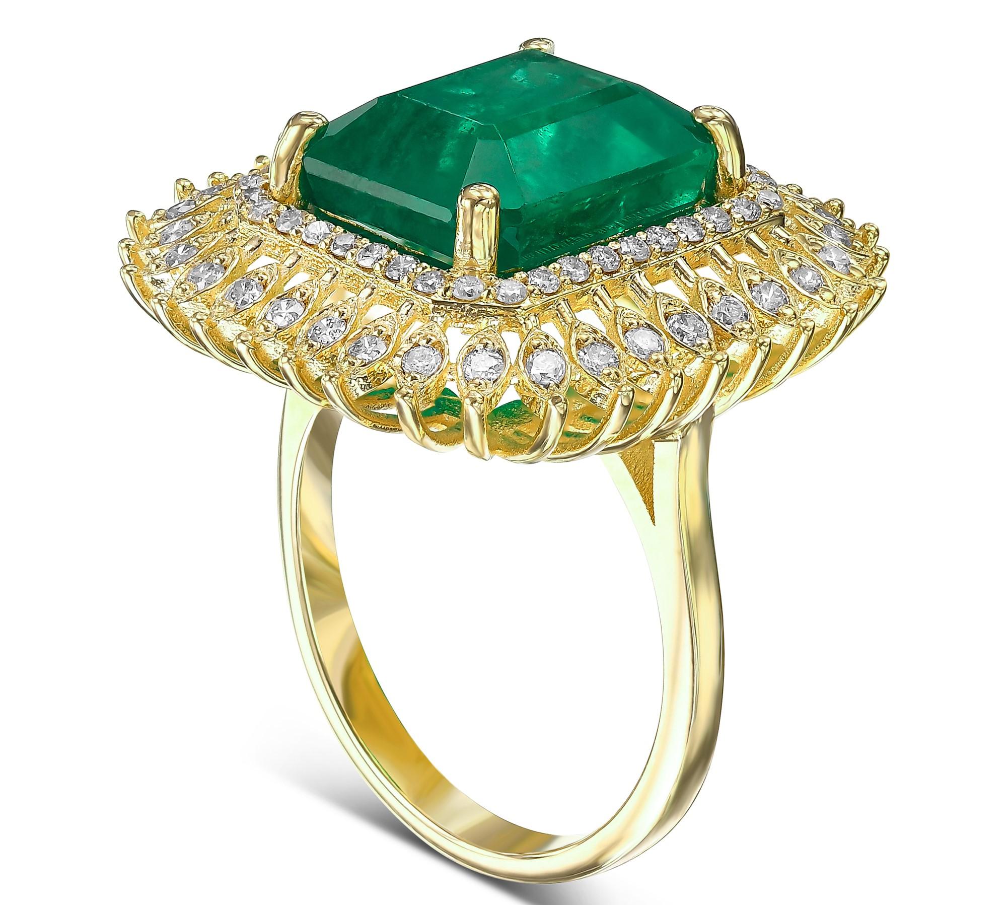 Emerald Cut 6.40 Carat Natural Emerald and 0.60 Ct Diamonds, 14 Kt.Yellow Gold, Ring