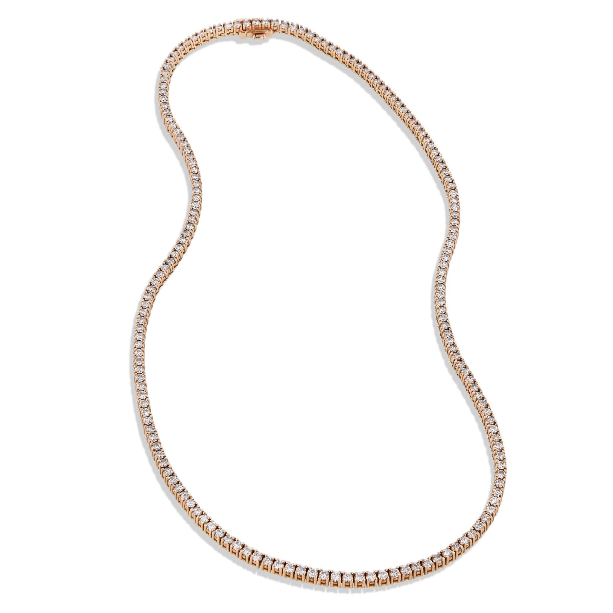 Glimmering in 18kt rose gold, this awe-inspiring tennis necklace comes alive with 175 dazzling diamonds. Crafted 16