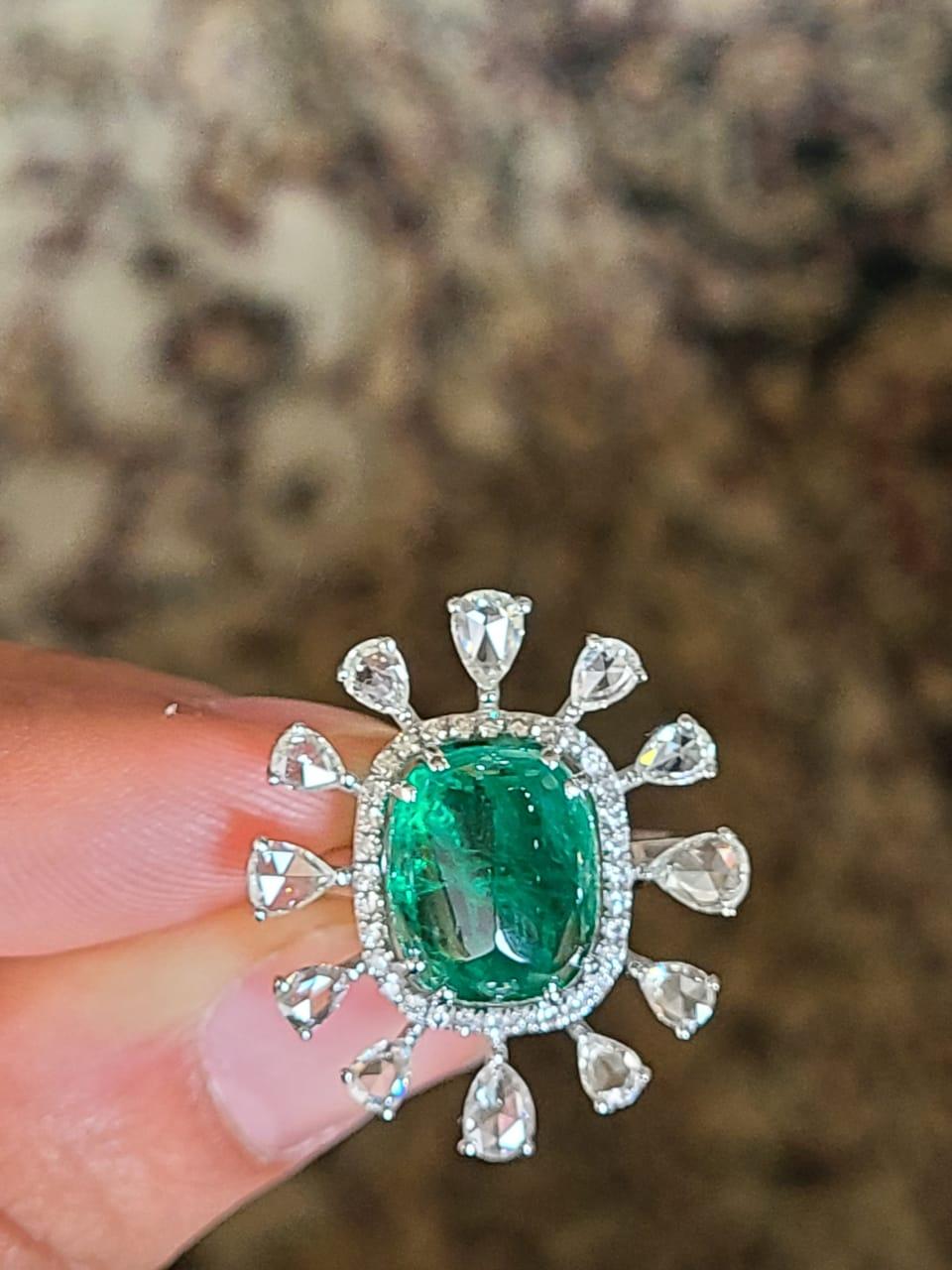 Modern 6.40 Carats Natural Emerald Cabochon Ring Set in 18 Karat Gold with Diamonds