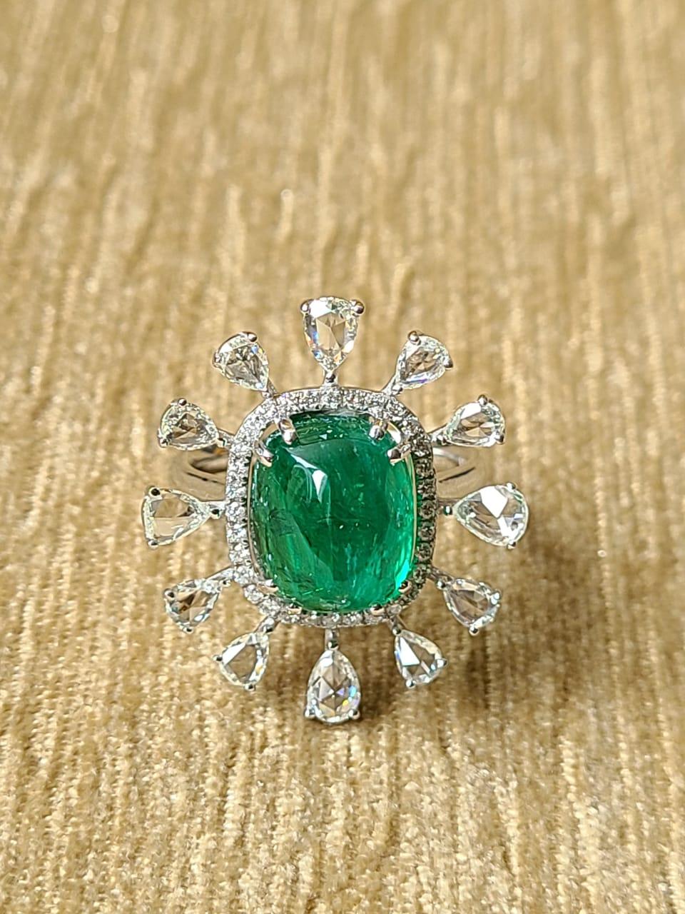 Women's 6.40 Carats Natural Emerald Cabochon Ring Set in 18 Karat Gold with Diamonds