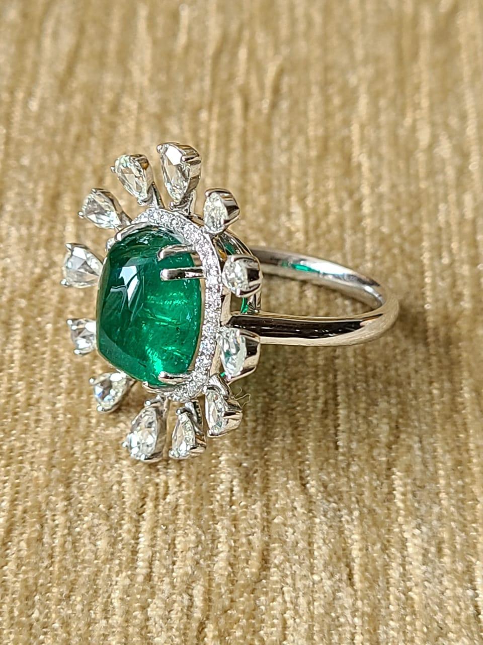 6.40 Carats Natural Emerald Cabochon Ring Set in 18 Karat Gold with Diamonds 1