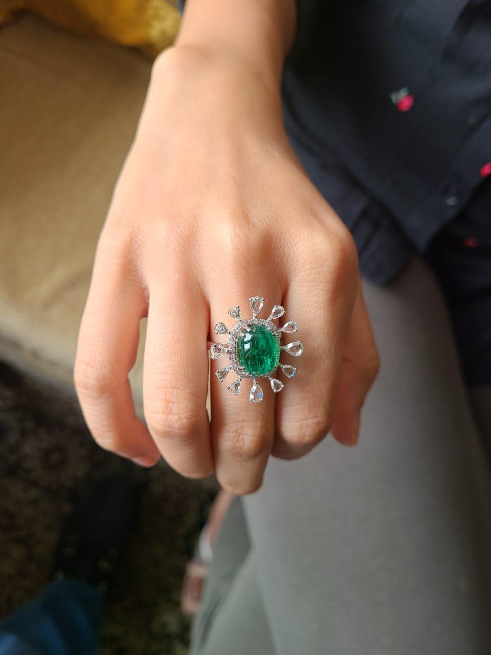 6.40 Carats Natural Emerald Cabochon Ring Set in 18 Karat Gold with Diamonds 4