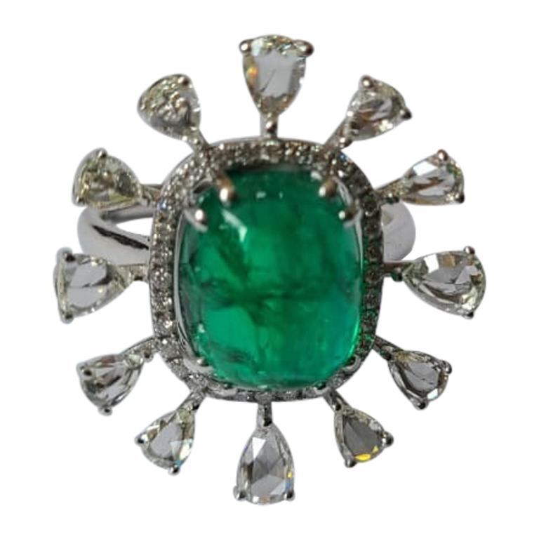 6.40 Carats Natural Emerald Cabochon Ring Set in 18 Karat Gold with Diamonds