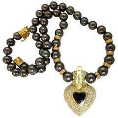6.40ct Natural Heart Blue Sapphire Diamonds Tahitian Pearls Necklace 18 karat*