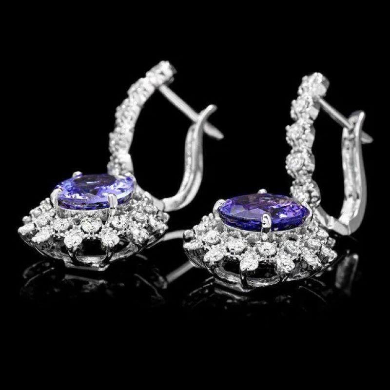 Mixed Cut 6.40Ct Natural Tanzanite and Diamond 14K Solid White Gold Earrings For Sale