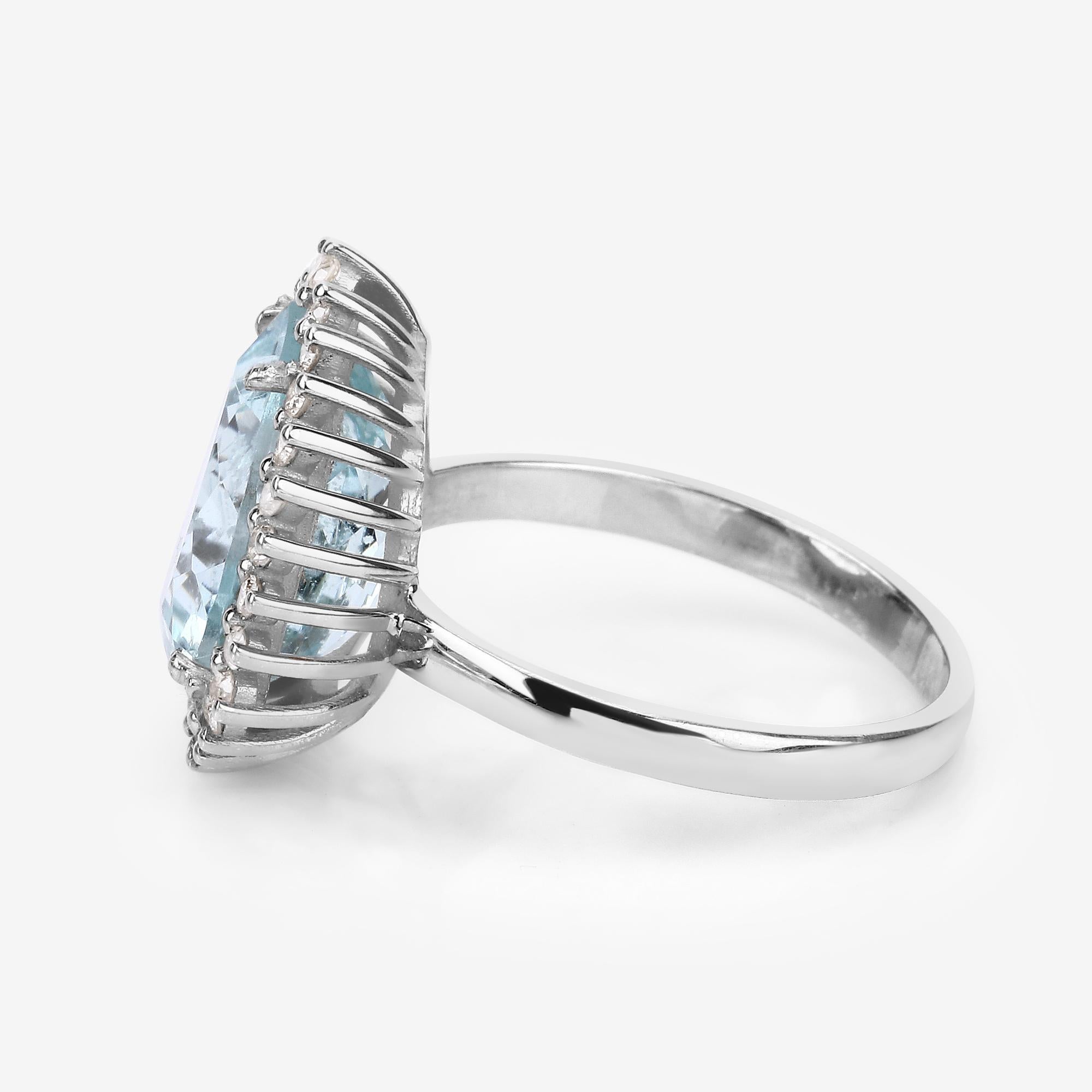 6.40cttw Aquamarine with Diamonds 0.45cttw Halo Sterling Silver Ring In New Condition In Great Neck, NY