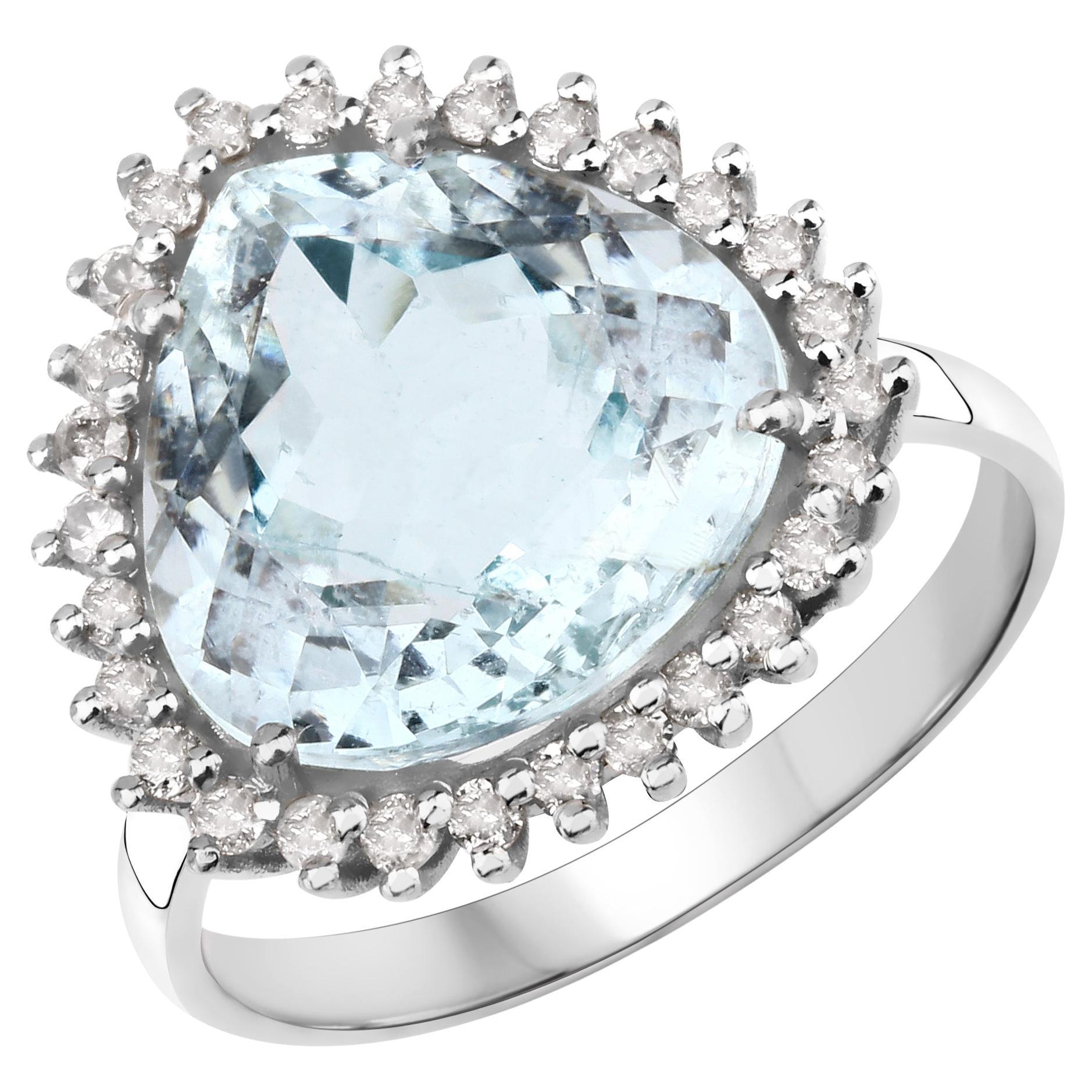 6.40cttw Aquamarine with Diamonds 0.45cttw Halo Sterling Silver Ring