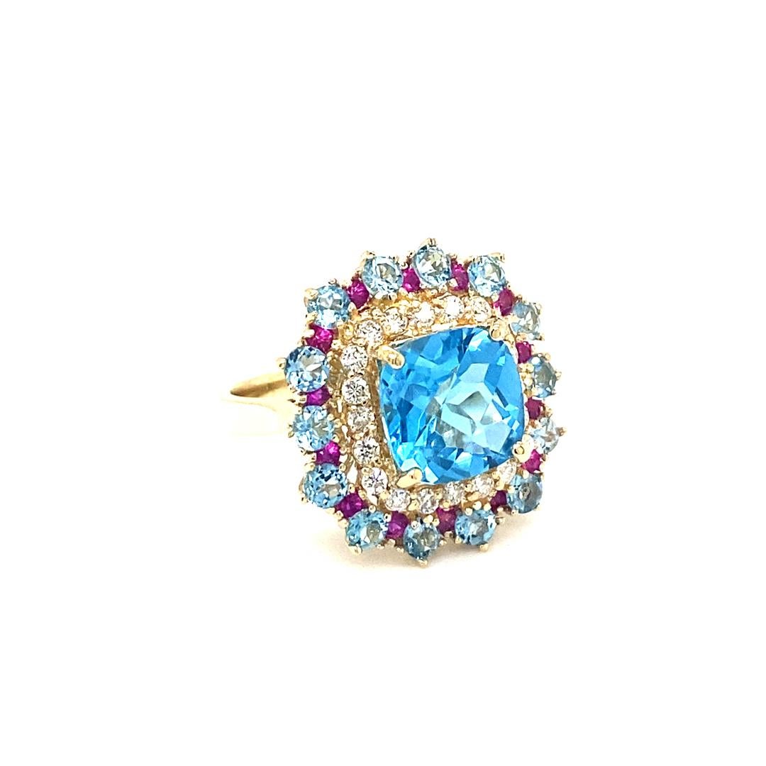 Contemporary 6.41 Carat Cushion Cut Blue Topaz Sapphire Diamond Yellow Gold Cocktail Ring For Sale
