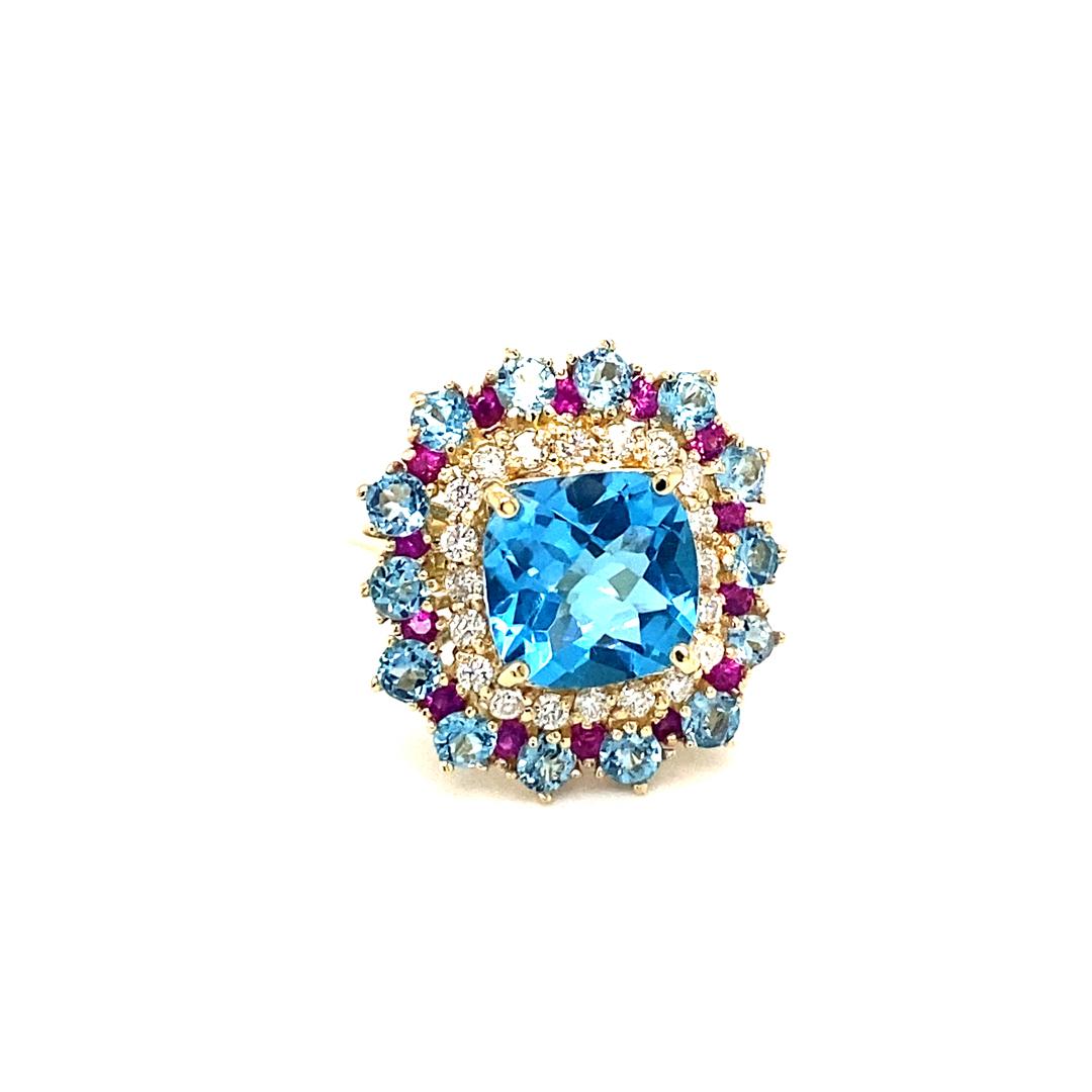 6.41 Carat Cushion Cut Blue Topaz Sapphire Diamond Yellow Gold Cocktail Ring For Sale 1