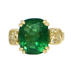 6.41 Carat Natural Emerald Ring, Accented by 1.3 Carat Fancy Yellow Diamonds
