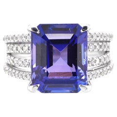 6.41 Carat Natural Octagon-Cut Tanzanite and Diamond Ring Set in Platinum