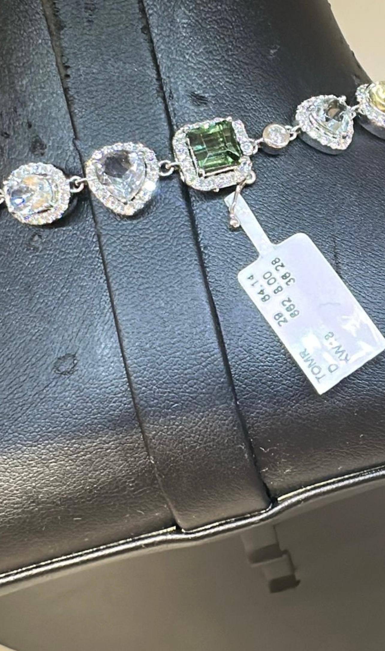 64.14ct Multi-Color Tourmaline & Diamond Halo Necklace in 18K White Gold In New Condition For Sale In Great Neck, NY