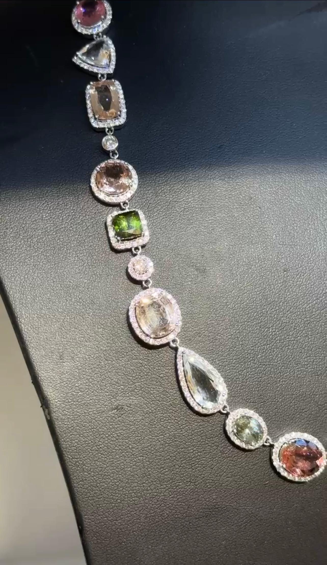 Women's 64.14ct Multi-Color Tourmaline & Diamond Halo Necklace in 18K White Gold For Sale
