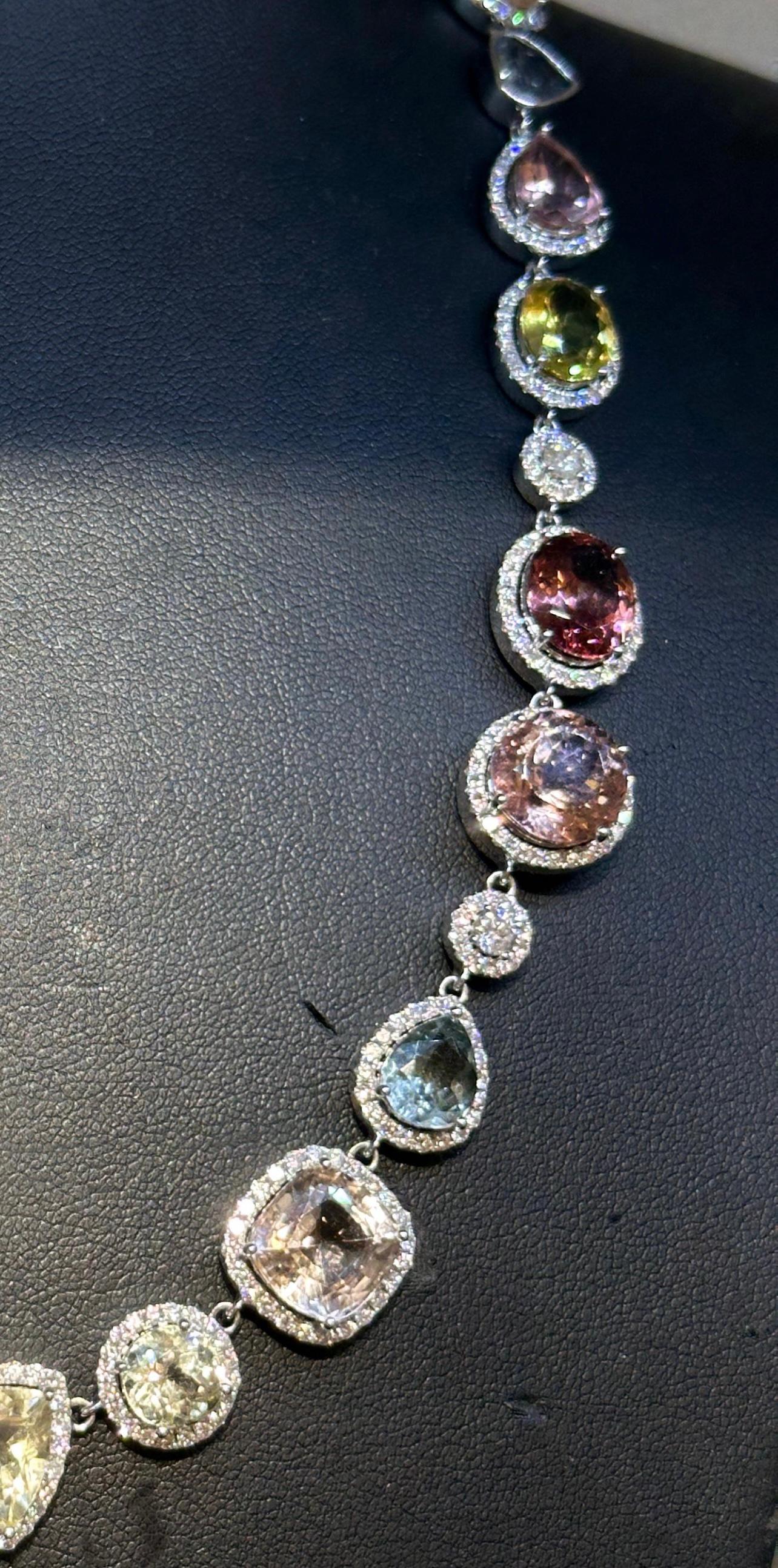 64.14ct Multi-Color Tourmaline & Diamond Halo Necklace in 18K White Gold For Sale 1