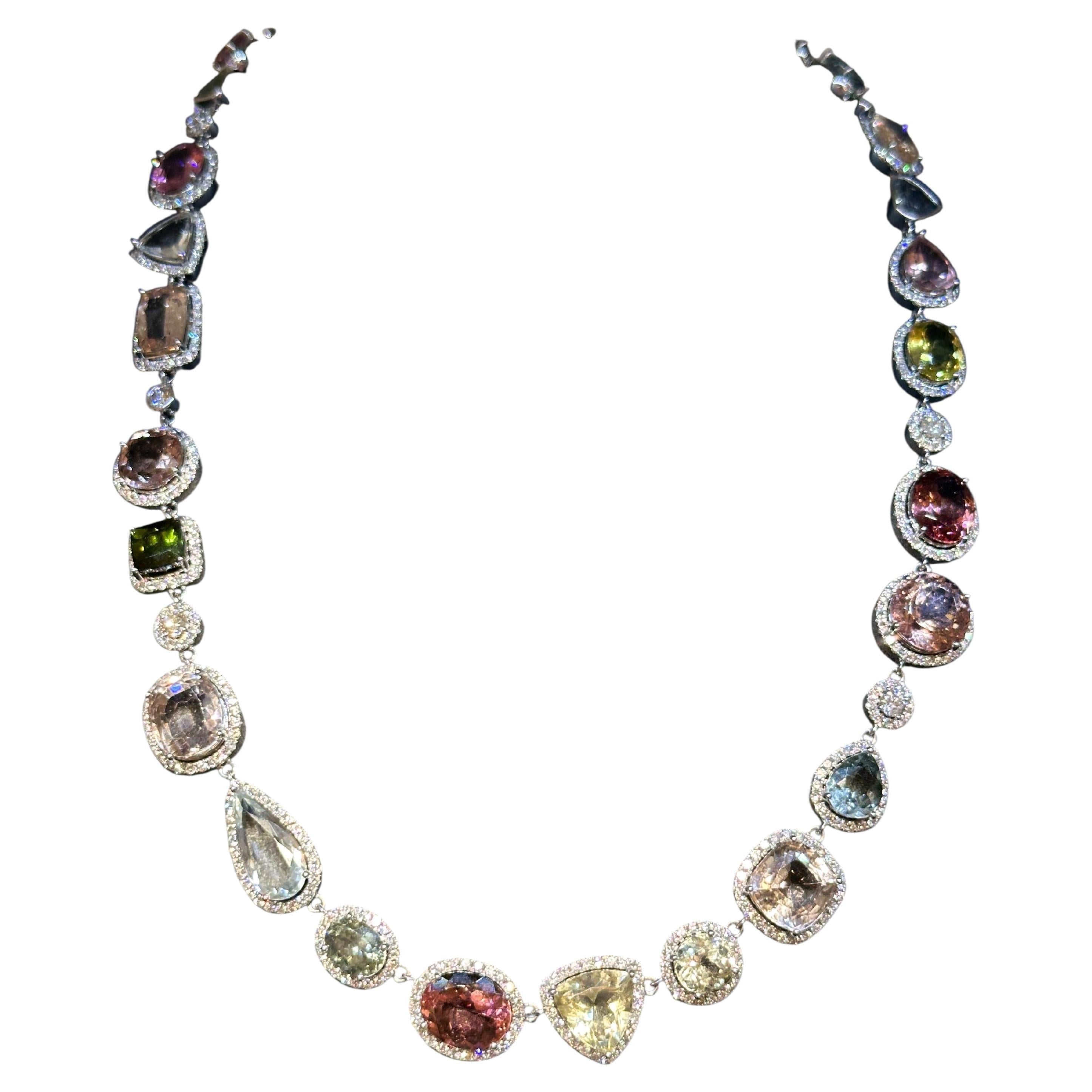 64.14ct Multi-Color Tourmaline & Diamond Halo Necklace in 18K White Gold For Sale