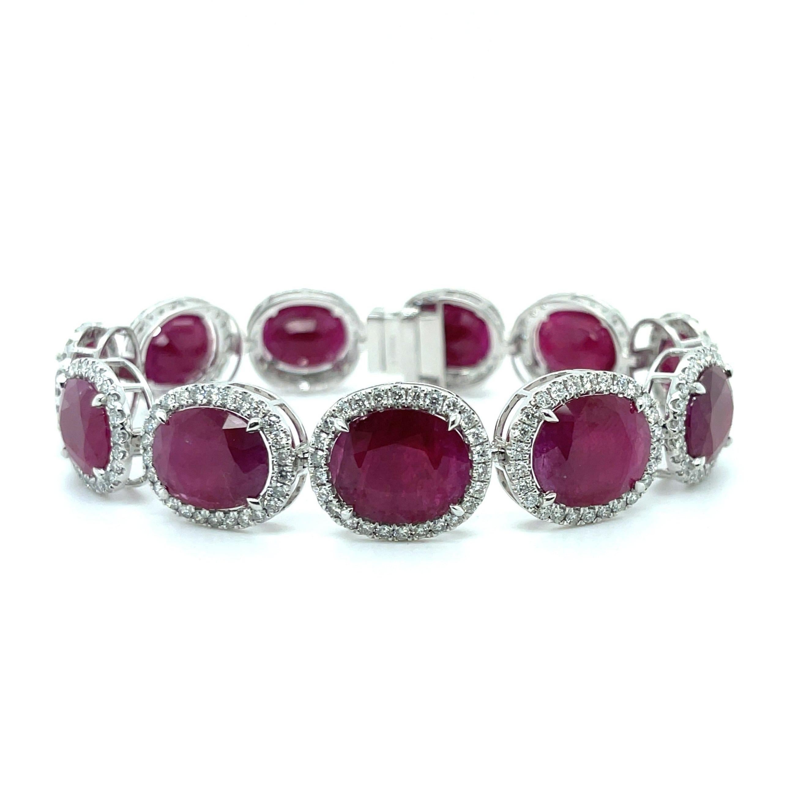Oval Cut 64.14ct Ruby and Diamond Bracelet in Platinum For Sale