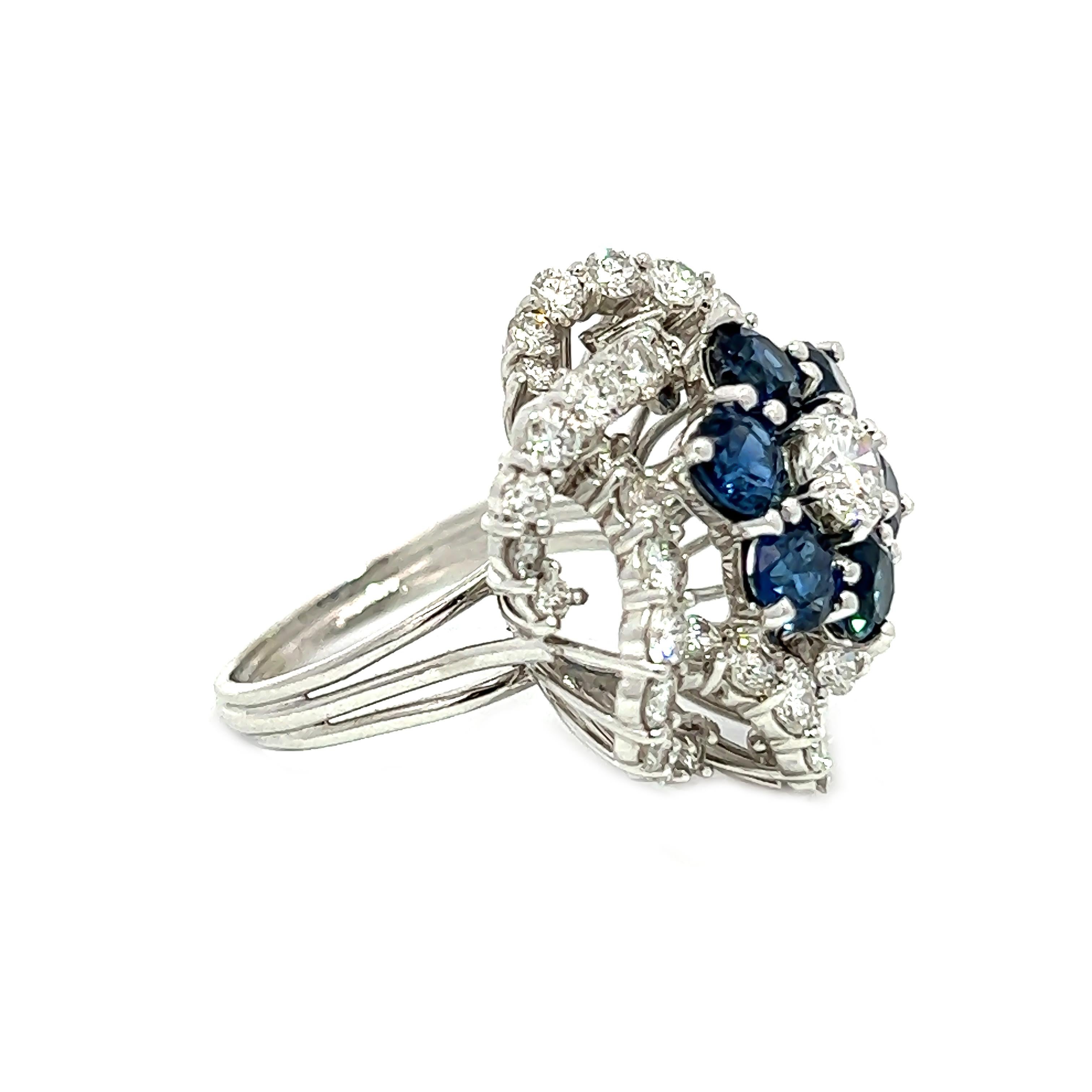 Aesthetic Movement 6.41CT Total Weight Blue Sapphire & Diamonds Ring For Sale