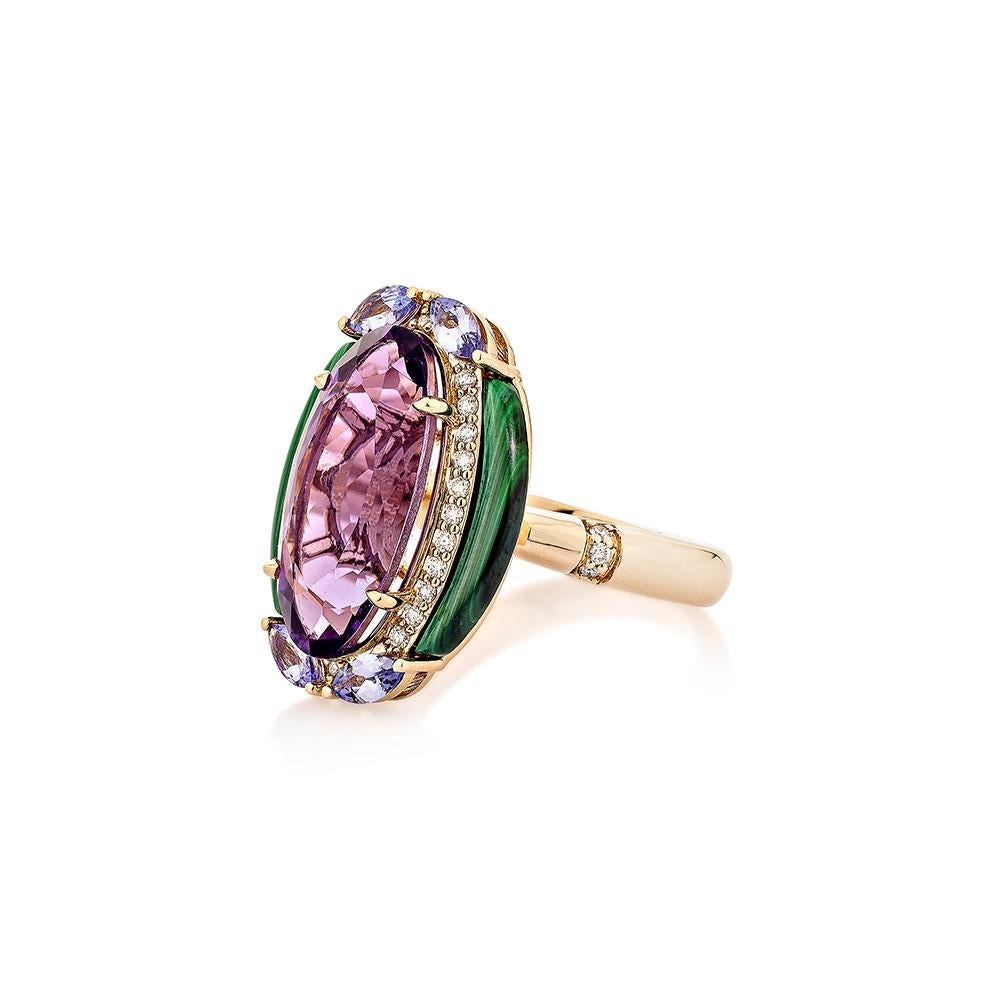 Contemporary 6.42 Carat Amethyst Cocktail Ring in 18Karat Rose Gold with Multi stone.  For Sale