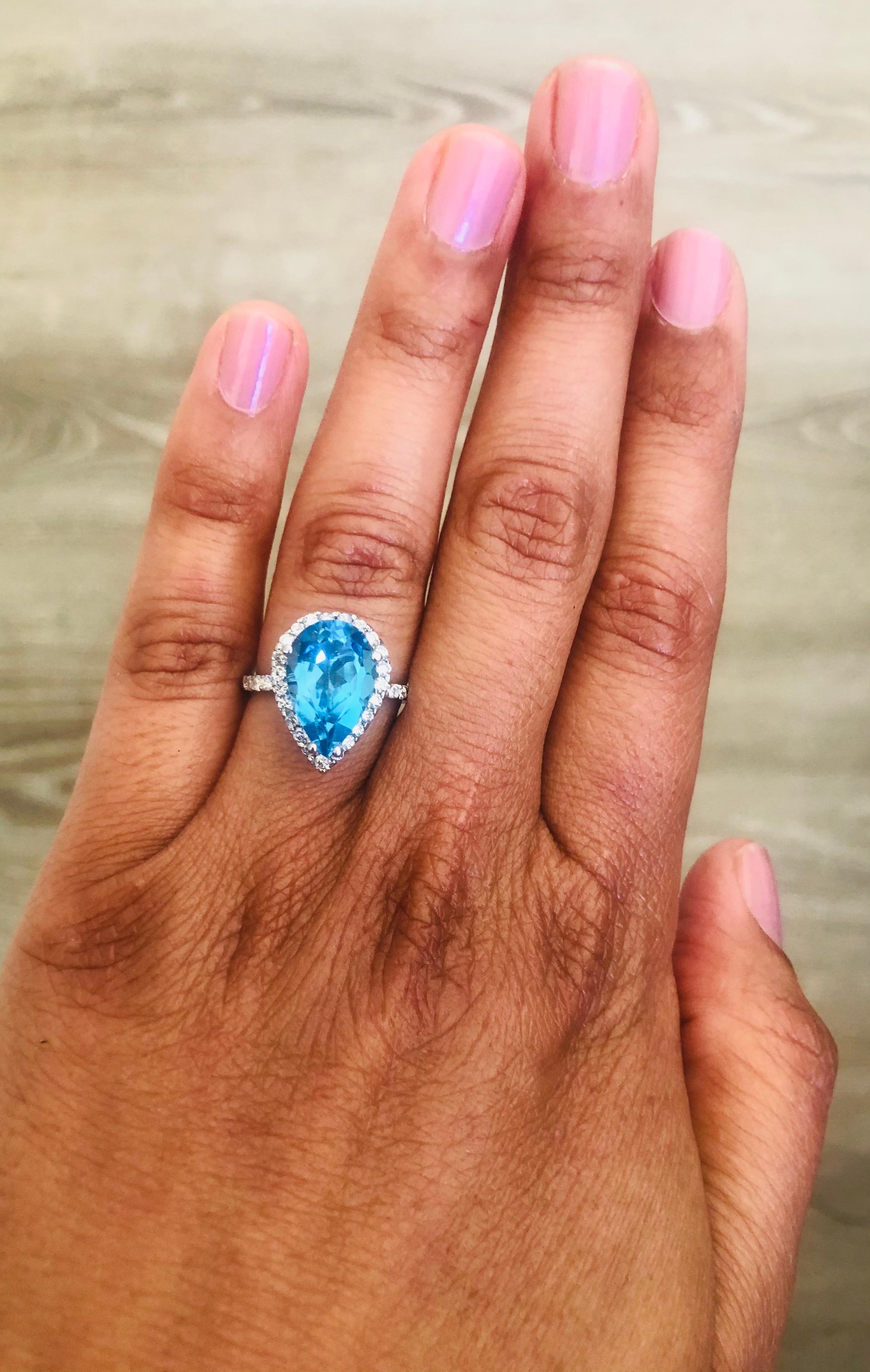 6.42 Carat Blue Topaz Diamond 14 Karat White Gold Cocktail Ring In New Condition In Los Angeles, CA