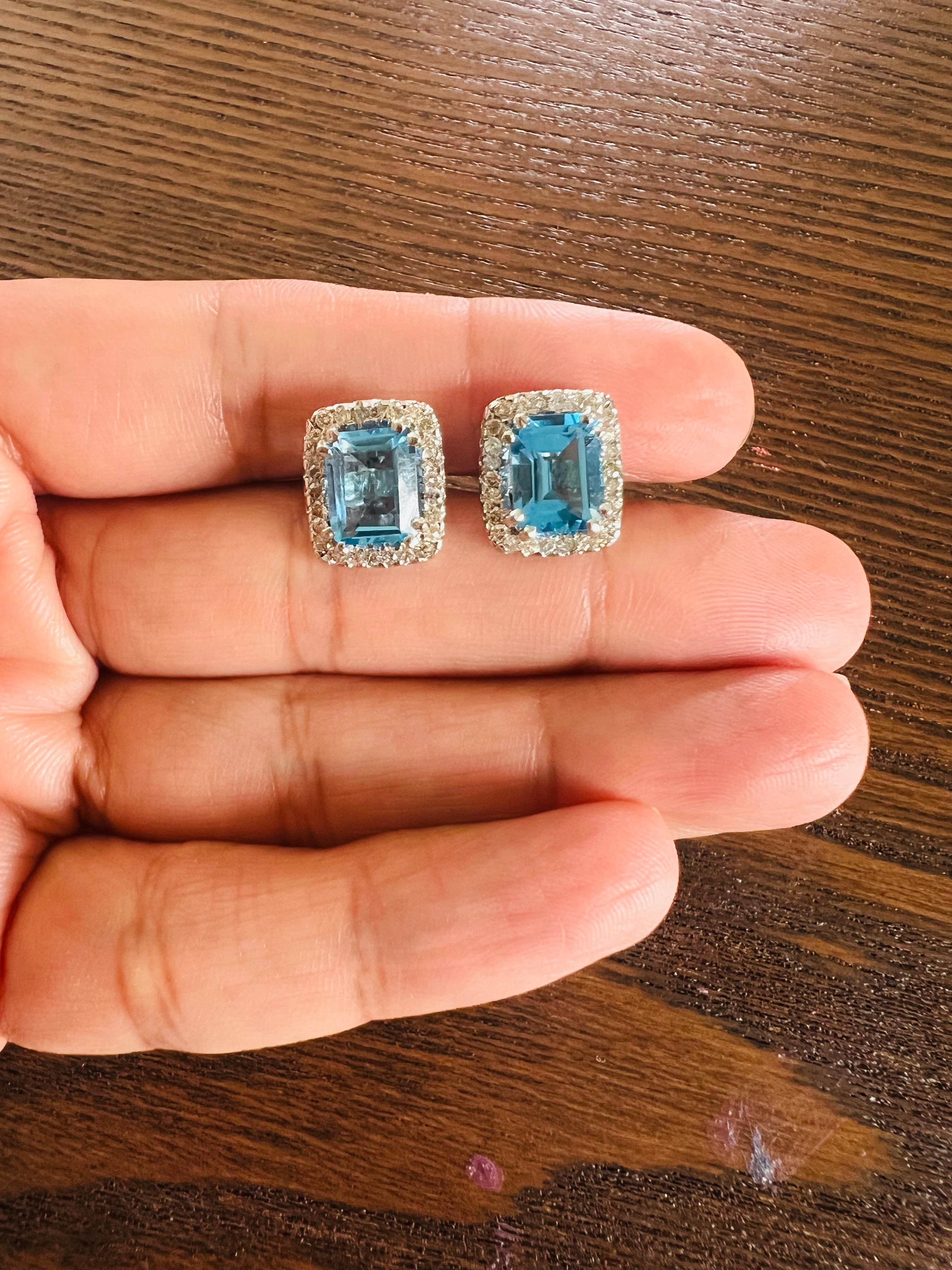 6,42 Karat Blauer Topas Diamant-Ohrringe aus Weißgold (Smaragdschliff) im Angebot