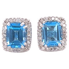 6.42 Carat Blue Topaz Diamond White Gold Earrings