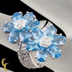 6.42 Carat Blue Topaz Flower Ring with Diamond Accents in White Gold